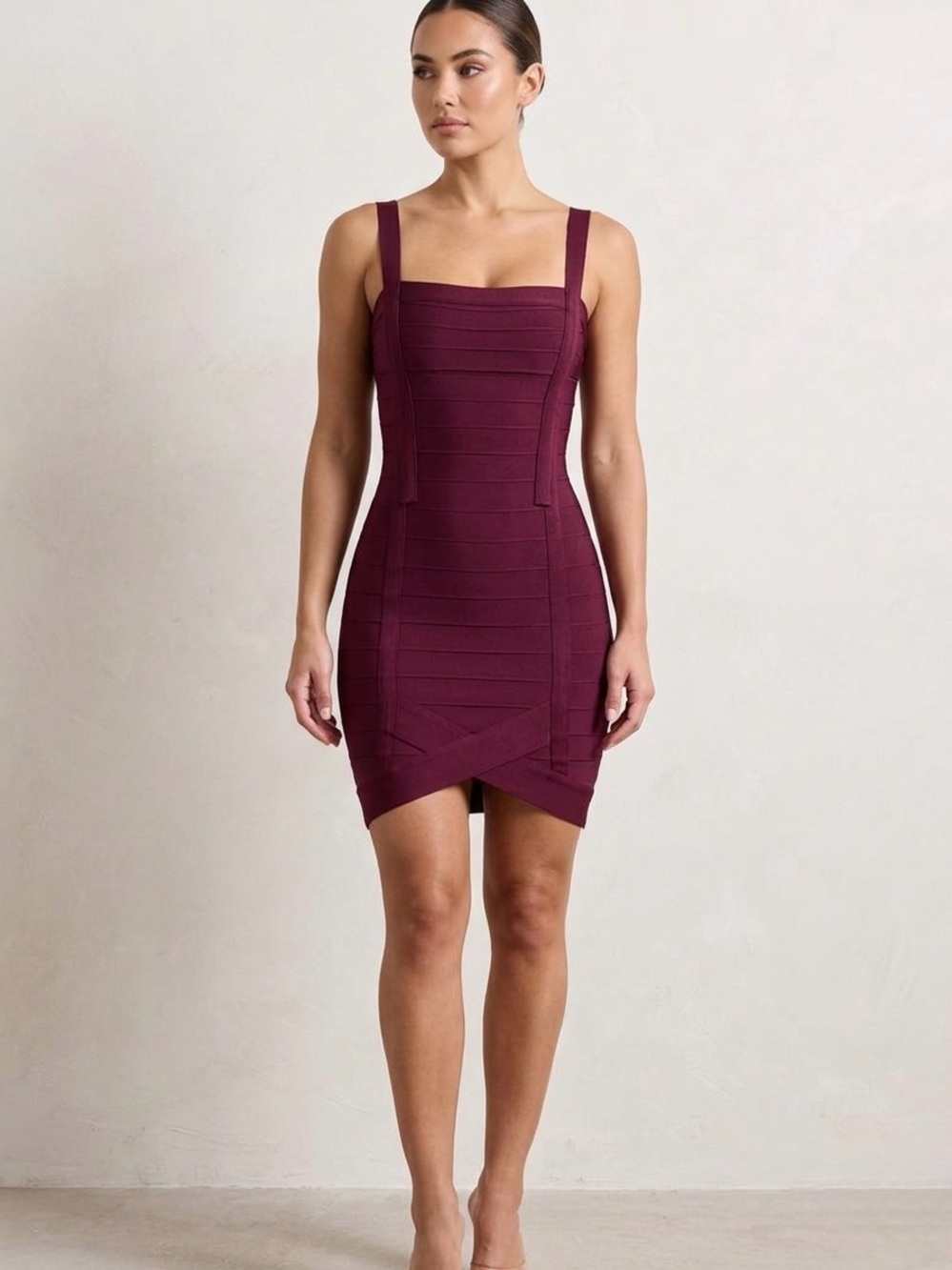 Shinestar Burgundy Bandage Square-Neck Mini Dress